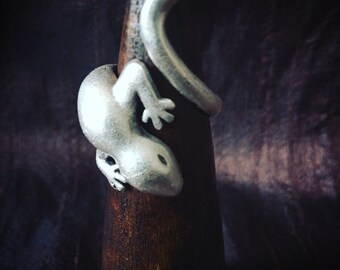 animal ring: gecko silver plated adjustable ring nature totem 3D ring amulet lucky charm