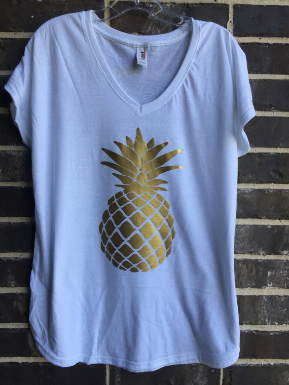 Free Shipping Gold Pineapple Vneck White Tshirt/ Pineapple