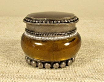 Amber Glass Trinket Box - Vintage Silver Tone Jewelry Casket
