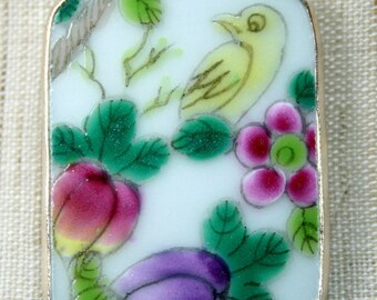 Bird and Flowers Hand Painted Porcelain Pottery Shard Pendant Charm for Necklace Ming Qing Shard
