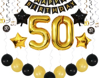 50th BIRTHDAY PARTY DECORATIONS: Giant 36 Pc Pack w/ Happy Birthday Banner + Balloons + Sparkly Hanging Swirls, Premium Bundle of Supplies
