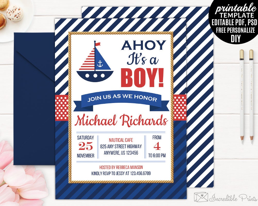 Nautical Baby Shower Invitation Template. Printable Navy