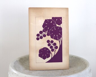 Purple Woodblock Botanical Print Japan c. 1940s 9 x 14 inches