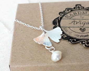 Sterling Silver Ginkgo Leaf Necklace, Silver Textured Leaf Necklace, Ginkgo Leaf Pendant and Fresh Water Pearls
