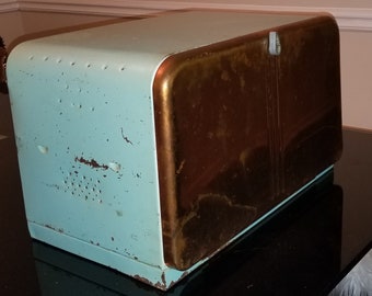 Beautiful Vintage Beauty Box by Lincoln Bread Box Turquoise / Aqua with Copper Front - Split / Divided Interior - Patina & Character