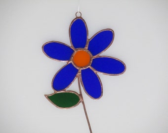 Stained Glass Dark Blue and Orange Mom's Flower Suncatcher