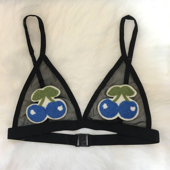 Sale Blue Cherry Black Sheer Mesh Bra. Patch Bra Badge Bra