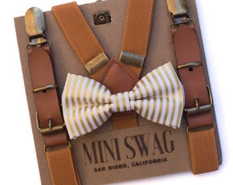Gold Stripe Bow Tie and Leather Suspenders, Toddler Suspenders Bow Tie Set, Cake Smash Outfit for Boys, Family Pictures Outfit, Baby Bow Tie