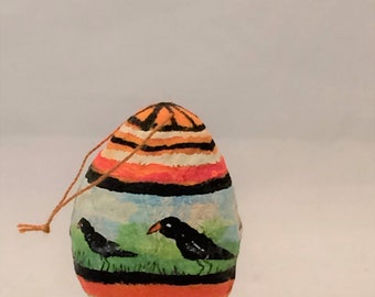 Spun Cotton Painted Egg with crow black bird feather tree ornament by Maria Paula