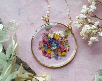 Confetti Mixed Pressed Flower Necklace, Botanical Jewelry, 14k gold fill