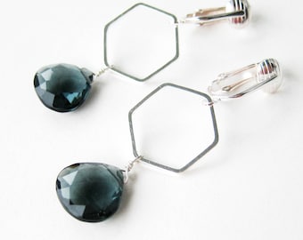 Dark Navy Blue Dangle Clip-on Earrings, Silver Ear Clips, Faceted Teardrop Stones, Geometric Clip Earrings for Non Pierced Ears, Juno Silver
