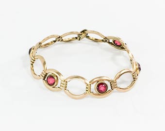 50s Gold Bracelet | Gold Link Bracelet | Red Glass Stones | Simmons