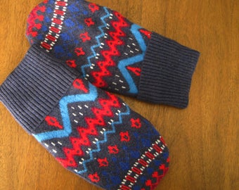 Adults Fun Fair Isle Mittens, Sweater MittensLined, Upcycled, Vegan, Ladies Size Small-Medium, Mens Size XSmall-Small