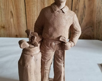 Tom Sheler 1994 Item 401 Unfinished Pecan Resin Man Golfer with Clubs