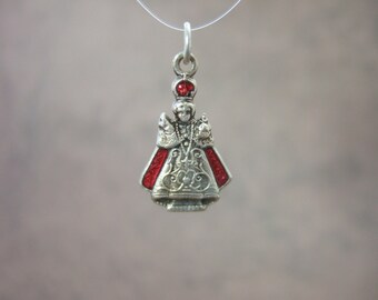 Infant Jesus of Prague Red Enamel Catholic Pendant Medal with prayer. Vintage from 1950's
