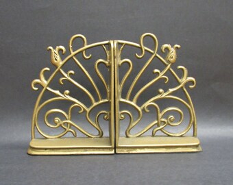 Vintage Fancy Swirling Art Nouveau Brass Bookends (E10156)