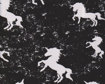 Black, White, Unicorns, Halloween, Fabric, Cotton lycra, Stretch Knit, four way, stretch fabric, kwikknits, monochrome, magical, unicorn