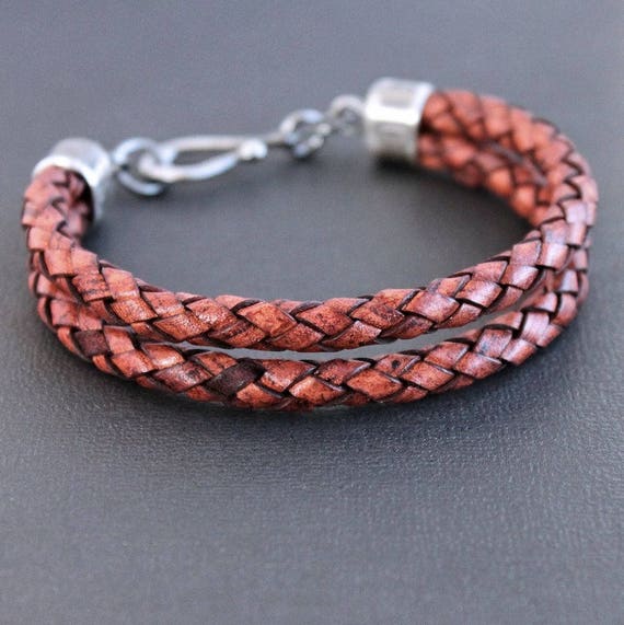 Mens Leather Bracelet Red Double Braid Bracelet Sterling