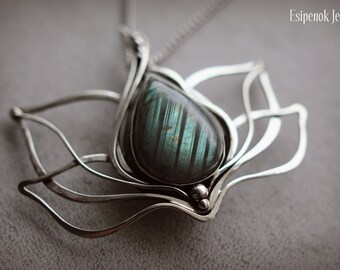 Hair slide brooch Wire wrap pendant Bridal barrette hook accessory Lotus flower Transformer labradorite jewelry Beauty gift Nature inspired