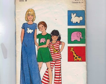 1970s Vintage Sewing Pattern Butterick 3956 Girls Boys Kids Pajamas Nightgown Animal Elephant Applique Transfer Size 8 Breast 27 70s