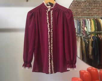 Vintage Seventies 1970s Victorian Ruffle Blouse Size Medium