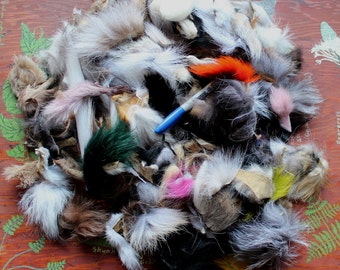 Large priority box full of real fox, coyote, raccoon and other fur scraps for small craft, fly tying and display DESTASH