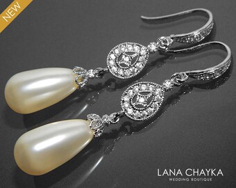Bridal Pearl Chandelier Earrings Swarovski Ivory Teardrop Pearl Earrings Pearl CZ Silver Wedding Earrings Bridal Pearl Jewelry Prom Jewelry