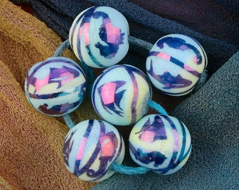 Lampwork Bead Set of 6 "Seascape Accents" Handmade Sandblasted Iridescent Lustre Glass Beads SRA ~ Sky & Aqua