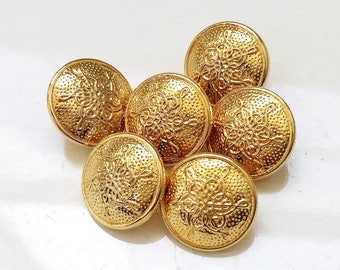 nos vintage high luster polished gold tone metal shank buttons with symmetrical snowflake and dimpled design--matching lot of 6