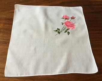 Vintage White Handkerchief with Embroidered Pink Roses