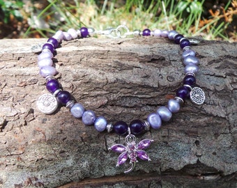 Amethyst and Pearl Anklet, Freshwater Pearl Anklet, Amethyst Ankle Bracelet, Dragonfly Anklet, Purple Anklet, Freshwater Pearl Anklet