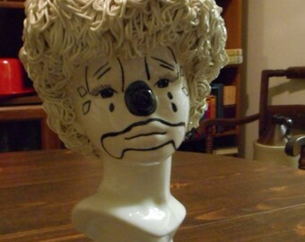 Amazing ceramic clown with applied hair and pom pom on hat, clowns, collectible clowns, ceramic clowns, vintage clown figurines, ceramics