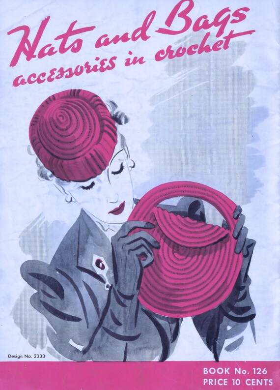 pdf-crochet-pattern-hand-bags-envelopes PDF Crochet Pattern Hand Bags Envelopes Barrels Purse Patterns Brim Hats Tam Berets Toppers Pill Box Millinery Reproduction Vintage 1950's