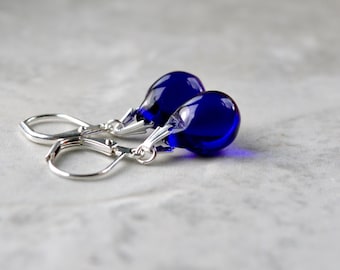 Deep Blue Earrings, Ink Blue Drop Earrings, Glass Bead Jewelry, Cobalt Blue Earrings, Lever back Earrings, Teardrop Earrings, Gift for Women