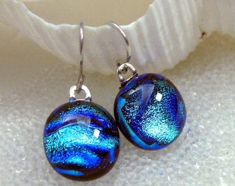 Dichroic Fused Glass Sterling Silver Drop Earrings, Sparkling Carribean Blue Teal, Sterling Silver, Niobium, Surgical Steel, Hypoallergenic