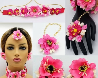Indian bridal flower jewelry set/Gotta patti/Rose flowers jewelry/Mehandi jewelry/Tikka,necklace,earrings,hath phool jewelry