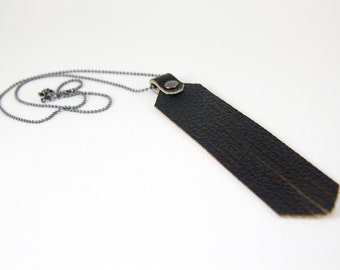 JAKIMAC *VAULT*: Black Leather Fringe Necklace on Gunmetal Chain