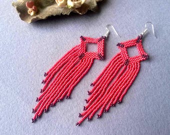 Pink Fringe Earrings, Long Fringe Earrings, Boho Fringe Earrings, Beaded Fringe Earrings, Statement Earrings, Boho Jewelry Earrings