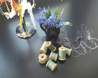 Vintage sewing thread on wooden spools - 50 Shades of Green mix, set of 6, sewing supplies, tailor shop