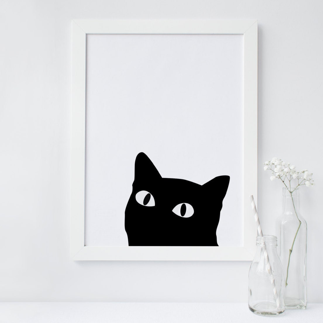 Black  Cat  wall art Curious cat  art print Minimalist  Cat 