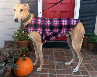 Greyhound Dog Coat, XL Dog Jacket, Hot Pink, Pink, Black, and Charcoal Gray Plaid Fleece with Charcoal Gray Fleece Lining