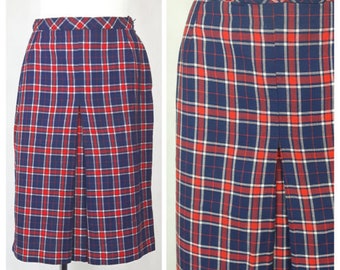 Vintage 70's Skirt Knee Length Check Fitted Preppy Blue/Red UK12/14 EU40
