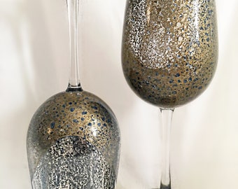 Hand Painted Water Speckled Blue and Gold Tall Stemmed Wine Glass - Royal Treatment