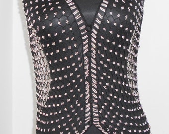 Vintage silk vest , Black Bolero ,Hand lace with metal beads in silver tone
