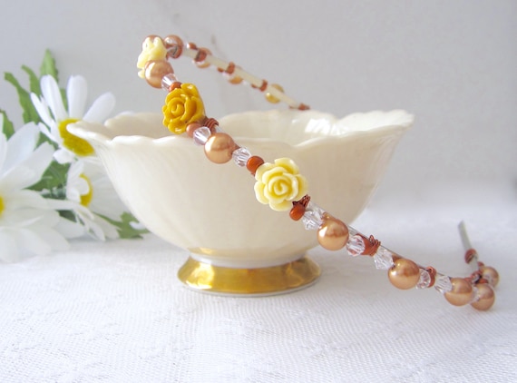 Floral Headband // Gold, Ivory and Copper Hair Accessory // Flower Headpiece // Resin Blossoms Halo // Hair Jewelry