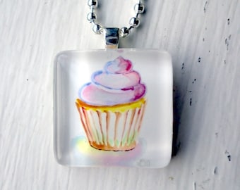 Pink Cupcake Necklace - Watercolor Art Glass Tile Necklace