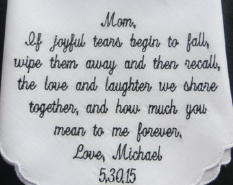 Mother Of The Bride Embroidered Wedding Handkerchief or Mother Of The Groom Embroidered Wedding Handkerchief from Son - Wedding gift for Mom