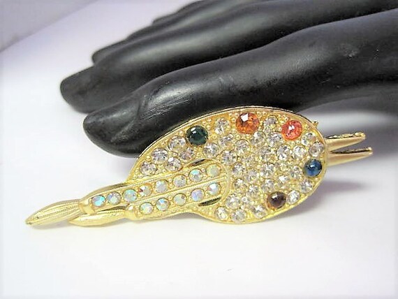 Painters Palette Brooch, Rhinestone Artist Palette, Gold Tone Pin