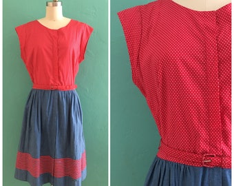 vintage 60's red polka dot denim dress // polka dot dress with pockets