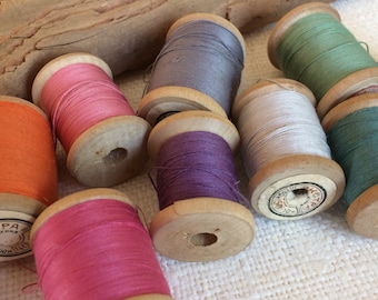 Vintage cotton thread set of 10 wooden spools, rainbow soviet vintage thread reels, sewing supplies made in USSR, millinery collectibles